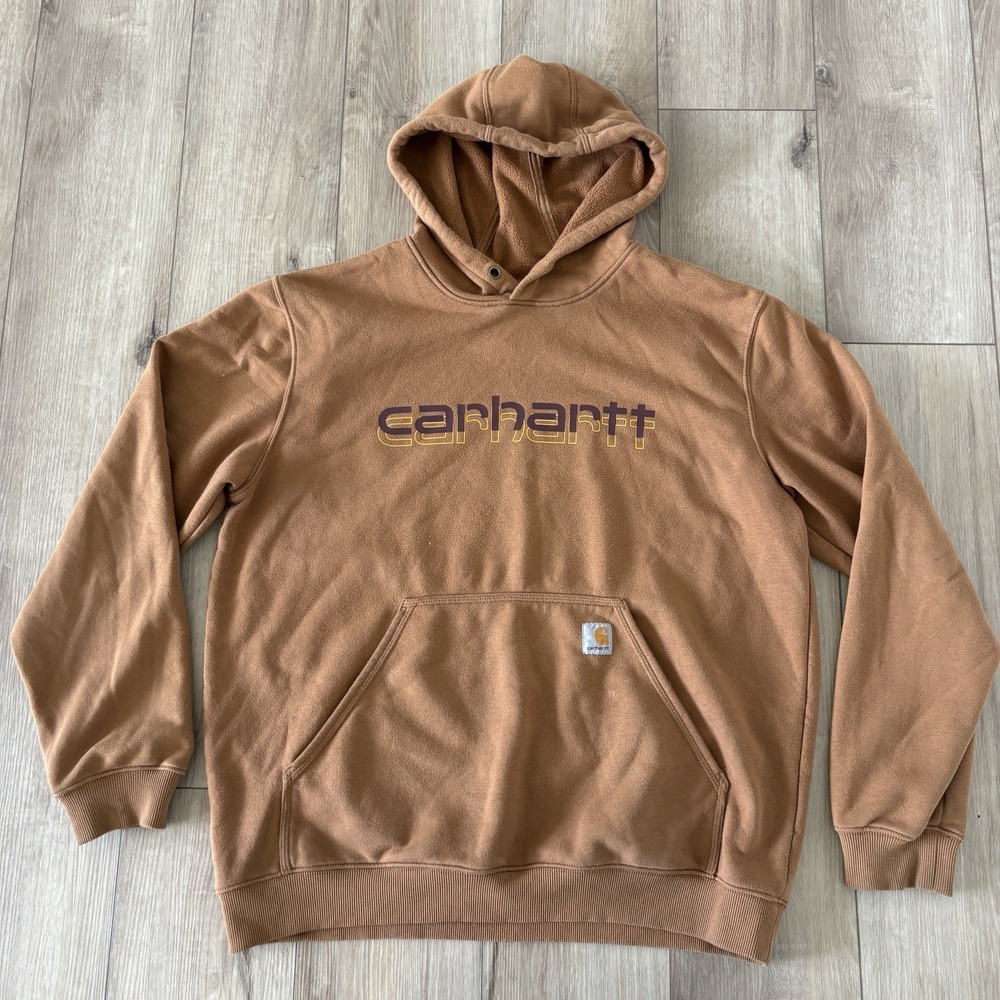 Carhartt Rain Defender Brown Pullover Hoodie Loose Fit Large Long Sleeve